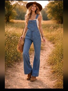 Vintage Ikeda Carpenter Wide Leg Denim Bib Overalls Size Large 90's Medium Wash
